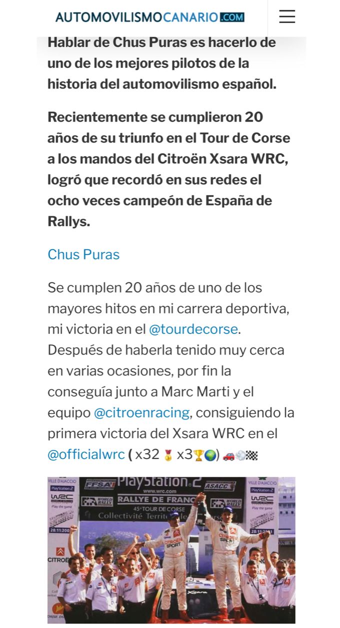 SE CUMPLEN 20 AÑOS DE LA PRMERA VICTORIA DEL CITROEN XSARA WRC CON CHUS PURAS EN EL RALLY DE CORCEGA 2001